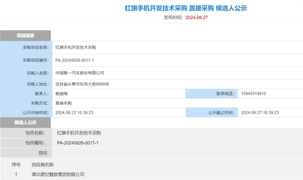 紅旗手機開發(fā)技術(shù)采購候選人公示 供應(yīng)商為星紀魅族