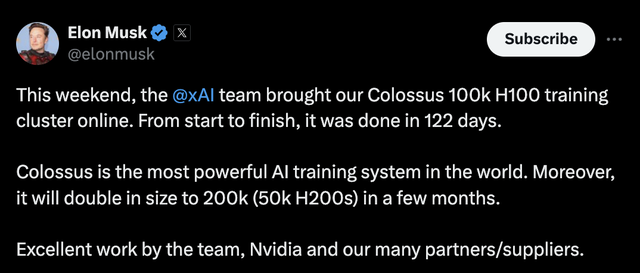 馬斯克：史上最強(qiáng)AI訓(xùn)練集群上線，將再增加10萬(wàn)顆GPU