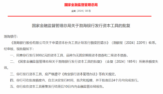 渤海銀行獲批發(fā)行300億元的資本工具  第1張