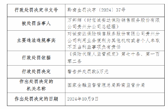 誠安達保險銷售服務股份有限公司貴州分公司被罰15萬元：因利用業(yè)務便利為其他機構或者個人牟取不正當利益  第2張