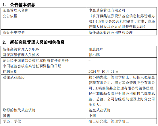 中金基金新任賴(lài)小鵬為副總經(jīng)理 曾任民生加銀基金總經(jīng)理助理