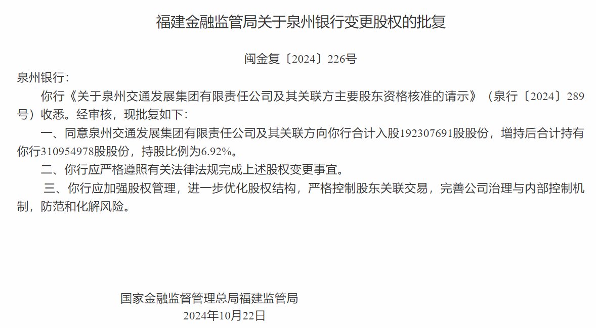 泉州銀行：注冊(cè)資本增至44.96億元 泉州交通發(fā)展集團(tuán)股權(quán)增持至6.92%