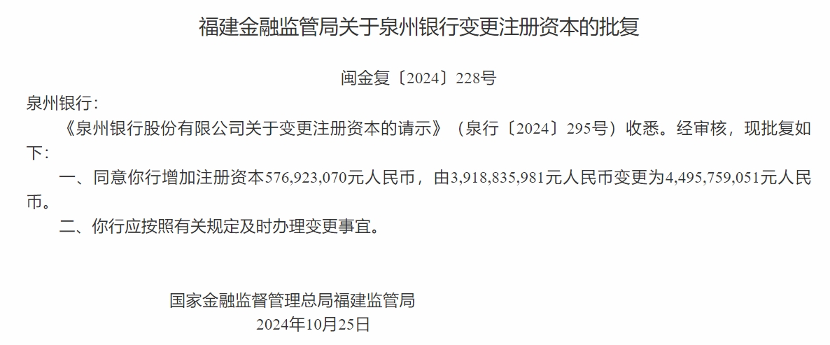 泉州銀行：注冊(cè)資本增至44.96億元 泉州交通發(fā)展集團(tuán)股權(quán)增持至6.92%