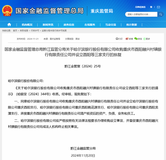 城商行“出省”禁令松動？哈爾濱銀行獲準(zhǔn)收購旗下重慶一村行并設(shè)立省外支行